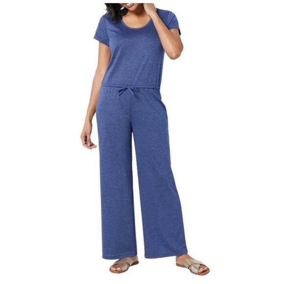 Muk Luks Pants - MUK LUKS French Terry Weekend Story Short Sleeve Jumpsuit in Heather Navy Size L